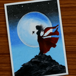Девушка на горе в лунном свете — рисунок