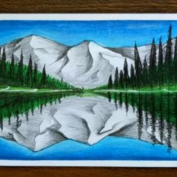 Отражение горы в озере — рисунок