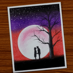 Рисунок - романтика в красной лунной ночи