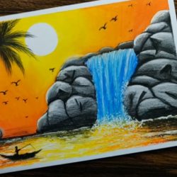 Водопад на озере - рисунок Водопад на озере — рисунок