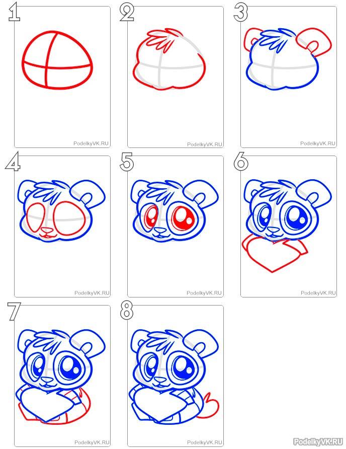 Как нарисовать валентинку панда с сердечком